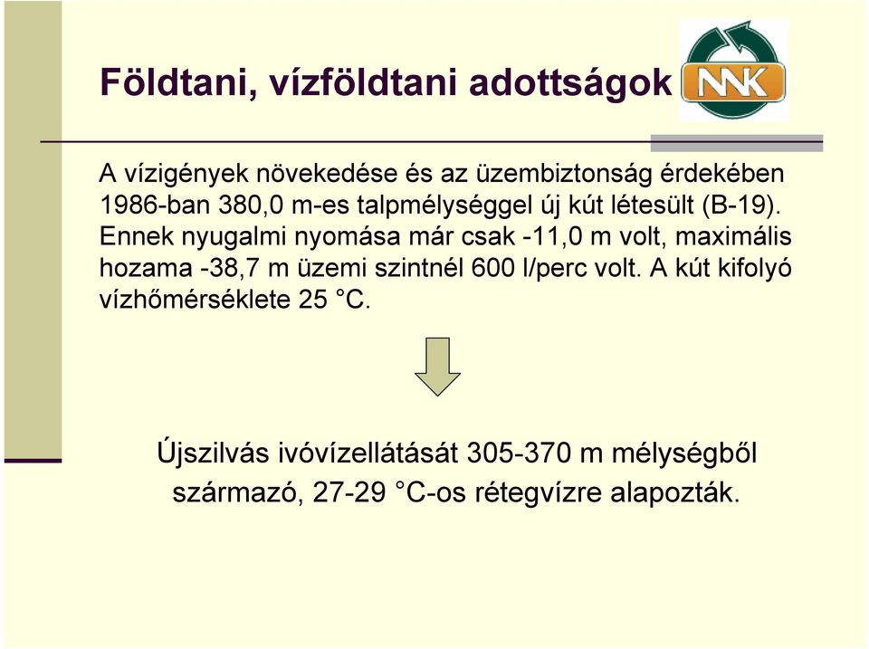 Ennek nyugalmi nyomása már csak -11,0 m volt, maximális hozama -38,7 m üzemi szintnél 600