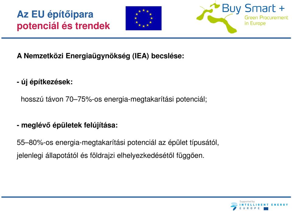 potenciál; - meglévő épületek felújítása: 55 80%-os energia-megtakarítási