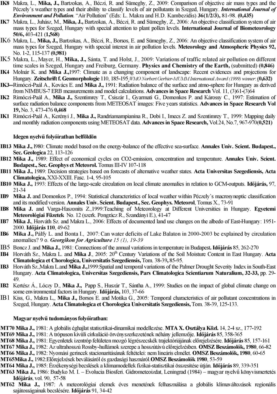 International Journal of Environment and Pollution. Air Pollution (Eds: L. Makra and H.D. Kambezidis) 36(1/2/3), 81-98. (0,435) IK7 Makra, L., Juhász, M., Mika, J., Bartzokas, A., Béczi, R.