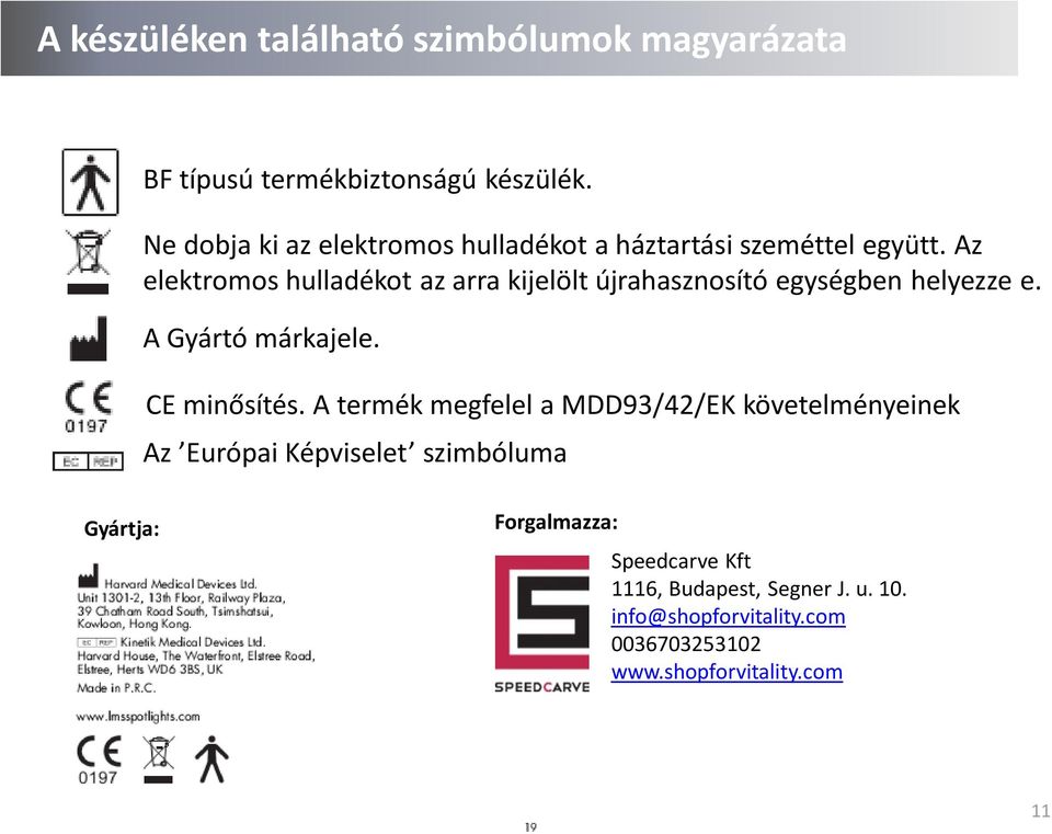 Az elektromos hulladékot az arra kijelölt újrahasznosító egységben helyezze e. A Gyártó márkajele. CE minősítés.