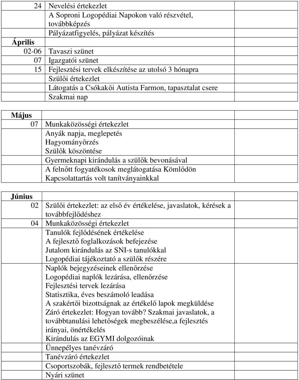 Gyermeknapi kirándulás a szülők bevonásával A felnőtt fogyatékosok meglátogatása Kömlődön Kapcsolattartás volt tanítványainkkal Június 02 Szülői értekezlet: az első év értékelése, javaslatok, kérések