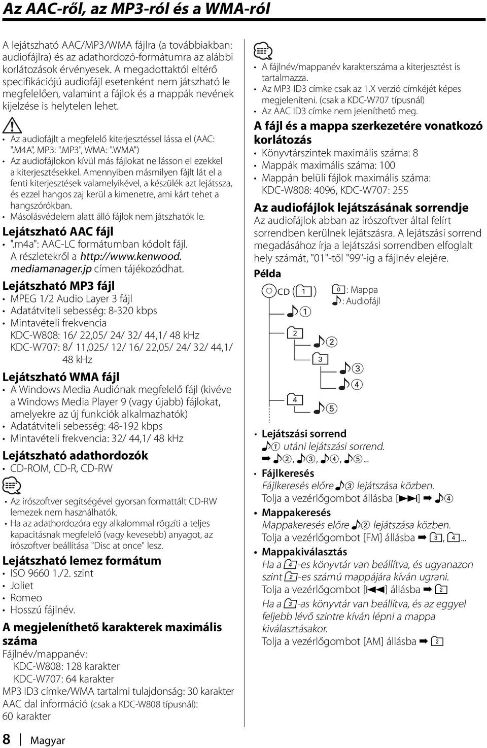 Az audiofájlt a megfelelő kiterjesztéssel lássa el (AAC: ".M4A", MP3: ".MP3", WMA: ".WMA") Az audiofájlokon kívül más fájlokat ne lásson el ezekkel a kiterjesztésekkel.