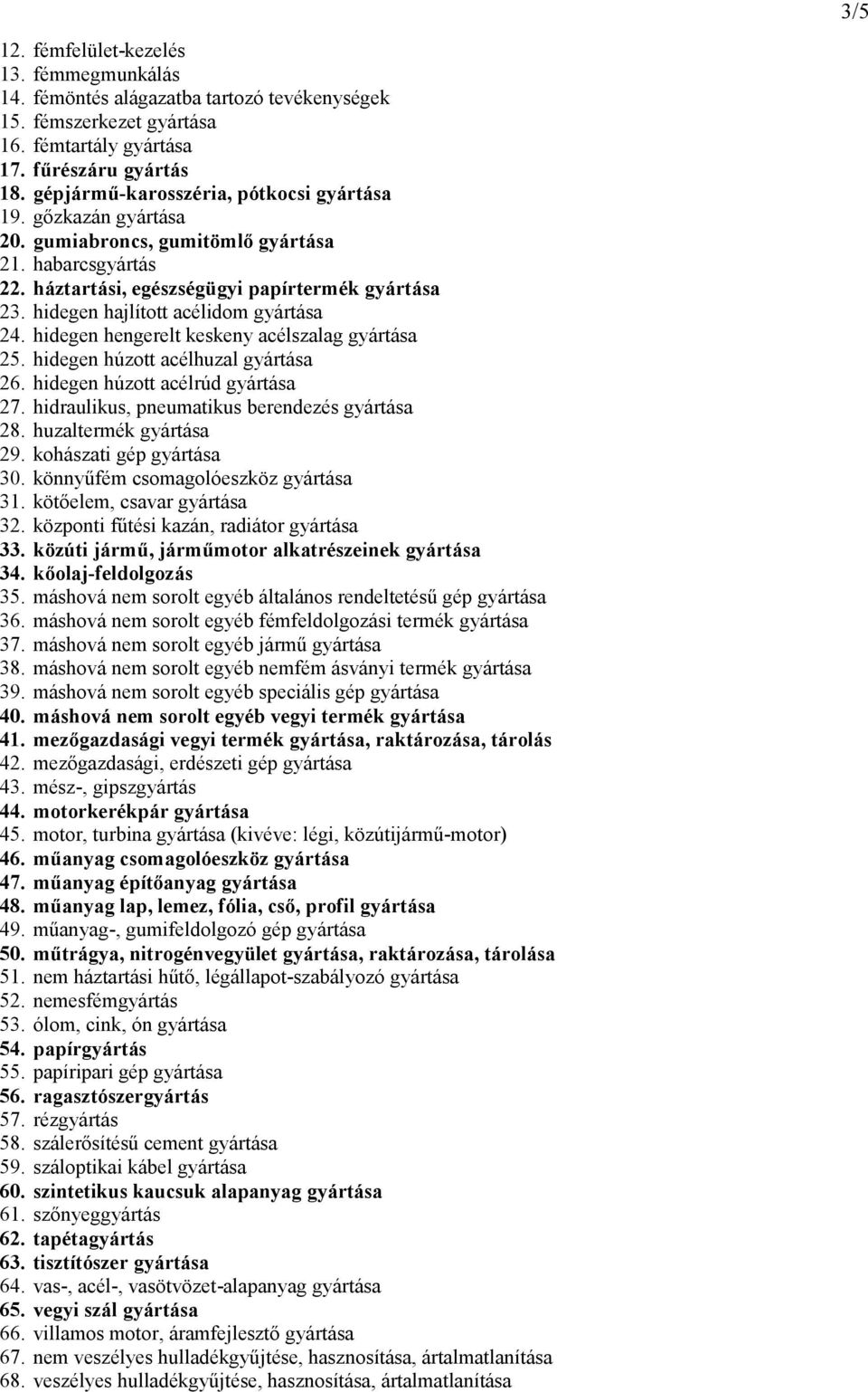 hidegen hajlított acélidom gyártása 24. hidegen hengerelt keskeny acélszalag gyártása 25. hidegen húzott acélhuzal gyártása 26. hidegen húzott acélrúd gyártása 27.