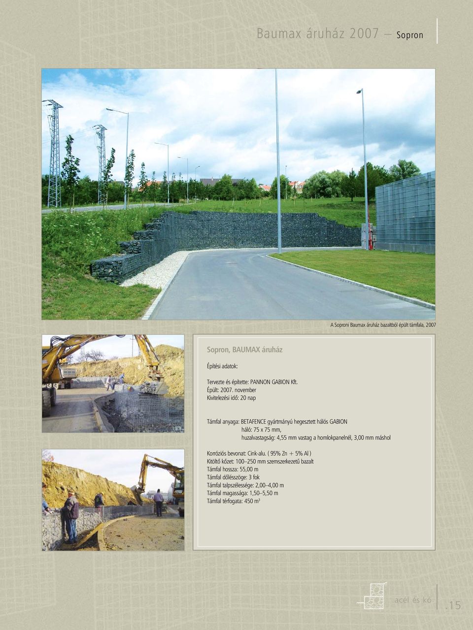 november Kivitelezési idő: 20 nap Támfal anyaga: BETAFENCE gyártmányú hegesztett hálós GABION háló: 75 x 75 mm, huzalvastagság: 4,55 mm vastag a
