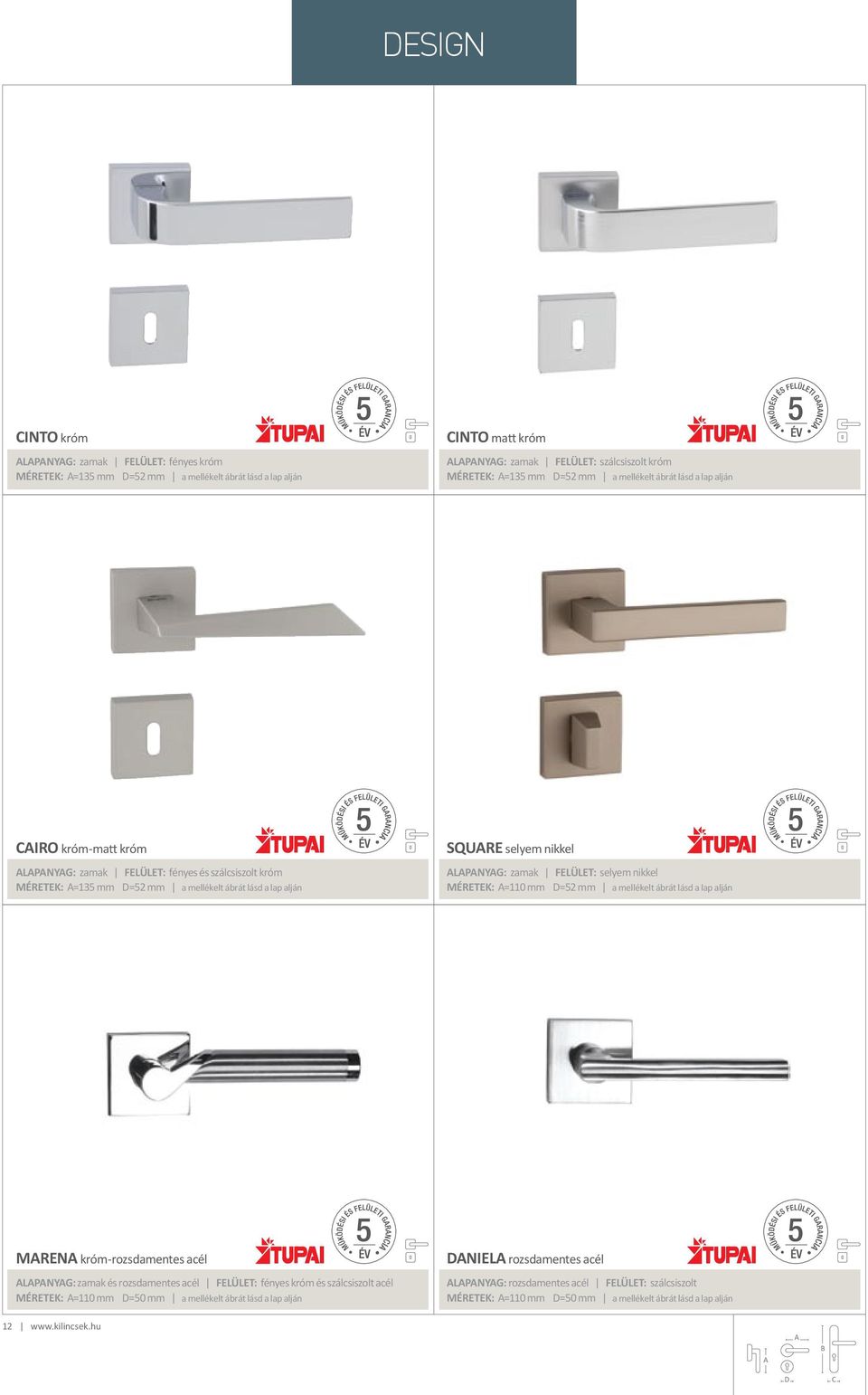 zamak Felület: selyem nikkel Méretek: =110 mm =52 mm a mellékelt ábrát lásd a lap alján Marena króm-rozsdamentes acél lapanyag: zamak és rozsdamentes acél Felület: fényes króm és szálcsiszolt acél