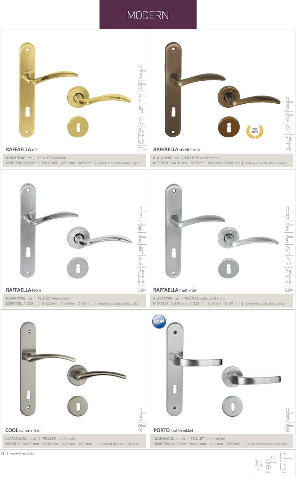 matt króm lapanyag: réz Felület: szálcsiszolt króm Méretek: =120 mm =226 mm =37 mm =50 mm a mellékelt ábrát lásd a lap alján NEW ool szatén nikkel lapanyag: zamak Felület: szatén nikkel Méretek: =125
