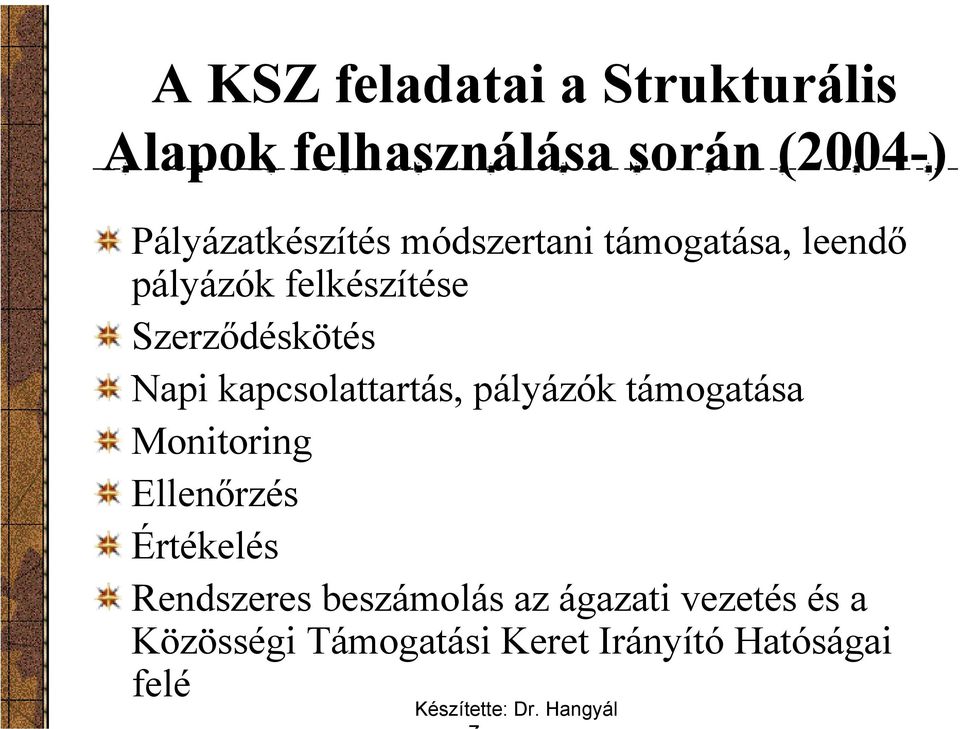 Szerződéskötés Napi kapcsolattartás, pályázók támogatása Monitoring Ellenőrzés
