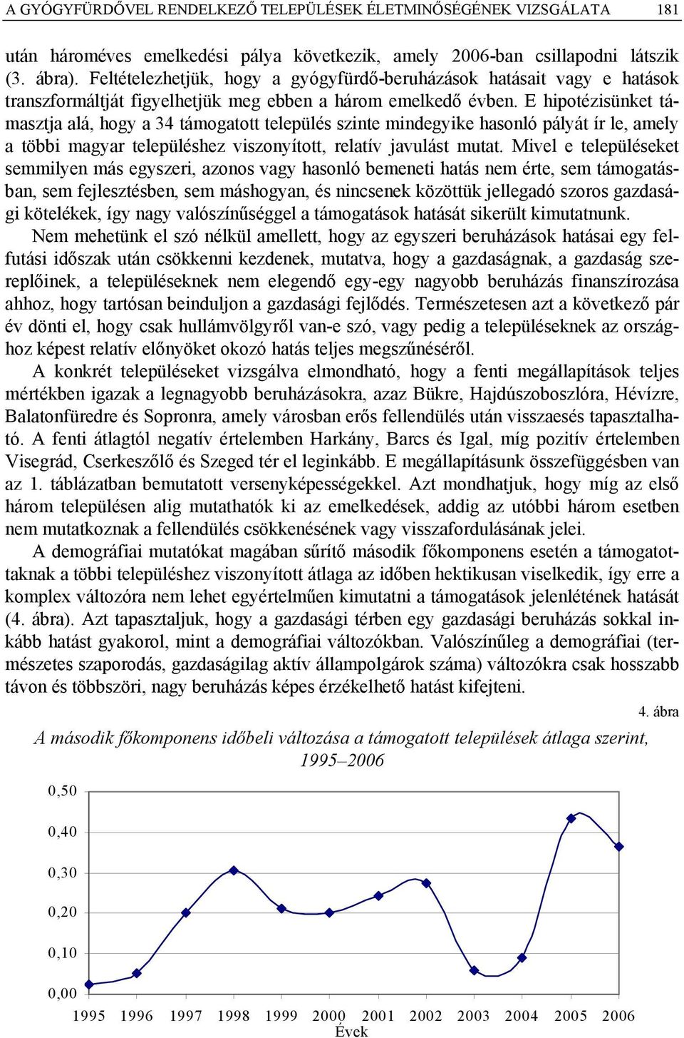 E hipotézisünket támasztja alá, hogy a 34 támogatott település szinte mindegyike hasonló pályát ír le, amely a többi magyar településhez viszonyított, relatív javulást mutat.