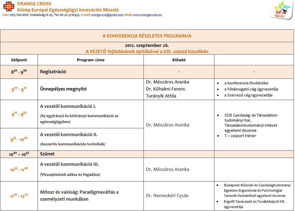 /Az egyirányú és kétirányú kommunikáció az egészségügyben/ 9 55-10 40 A vezetői kommunikáció II.