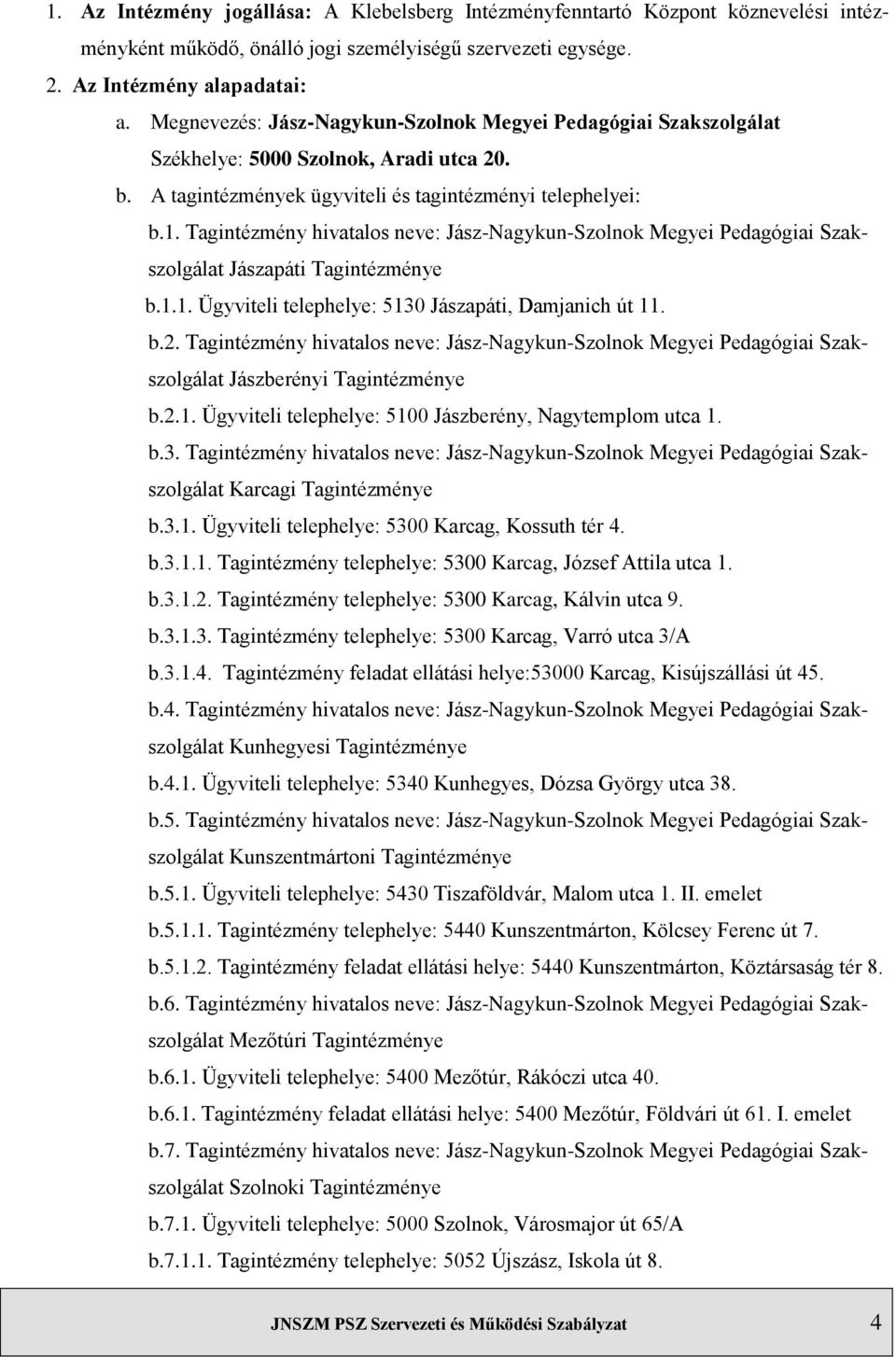 Tagintézmény hivatalos neve: Jász-Nagykun-Szolnok Megyei Pedagógiai Szakszolgálat Jászapáti Tagintézménye b.1.1. Ügyviteli telephelye: 5130 Jászapáti, Damjanich út 11. b.2.