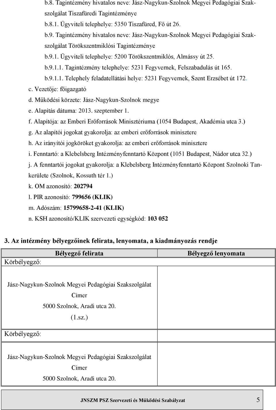 b.9.1.1. Telephely feladatellátási helye: 5231 Fegyvernek, Szent Erzsébet út 172. c. Vezetője: főigazgató d. Működési körzete: Jász-Nagykun-Szolnok megye e. Alapítás dátuma: 2013. szeptember 1. f. Alapítója: az Emberi Erőforrások Minisztériuma (1054 Budapest, Akadémia utca 3.