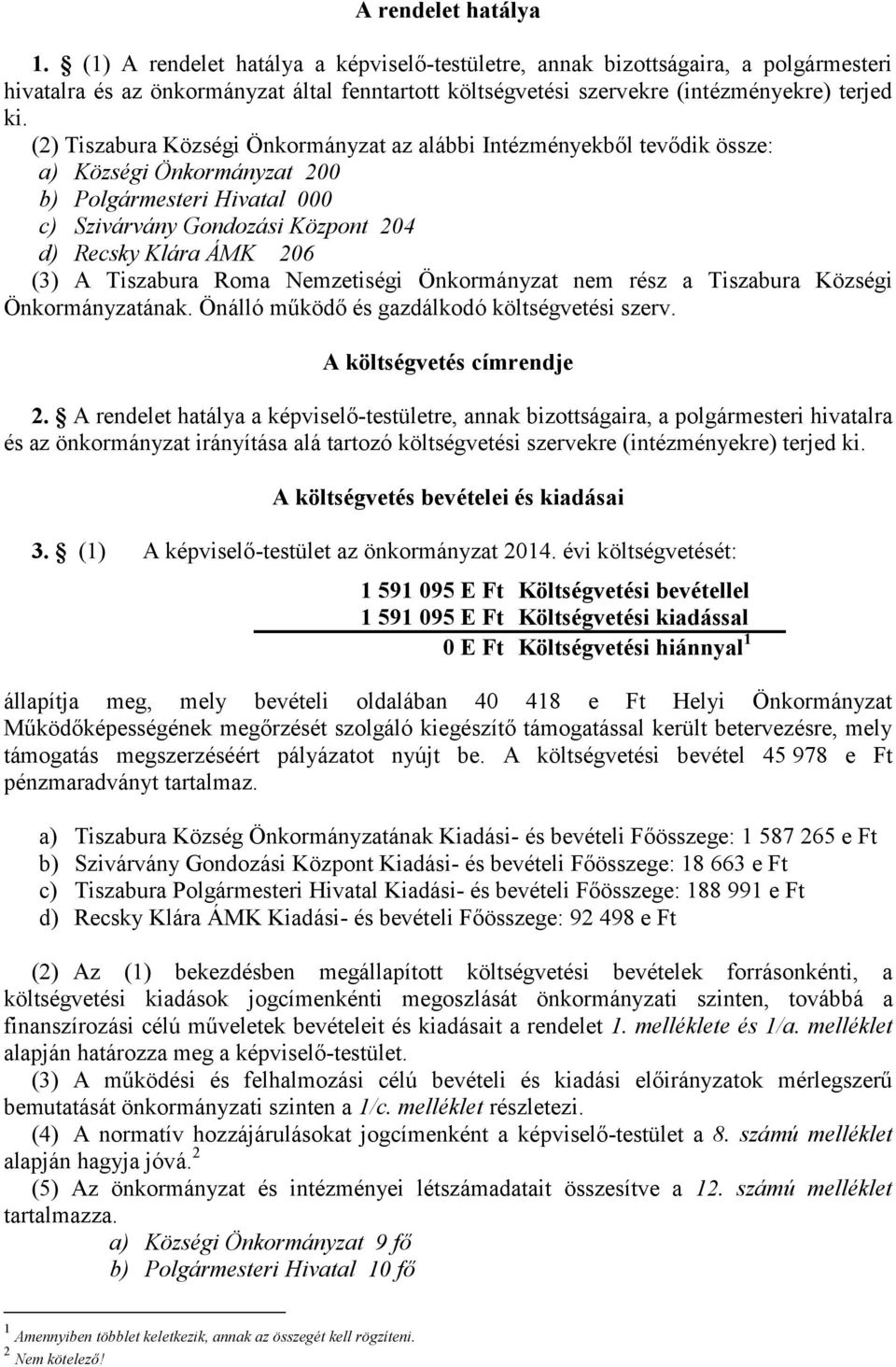 (2) Tiszabura Községi Önkormányzat az alábbi Intézményekből tevődik össze: a) Községi Önkormányzat 200 b) Polgármesteri Hivatal 000 c) Szivárvány Gondozási Központ 204 d) Recsky Klára ÁMK 206 (3) A