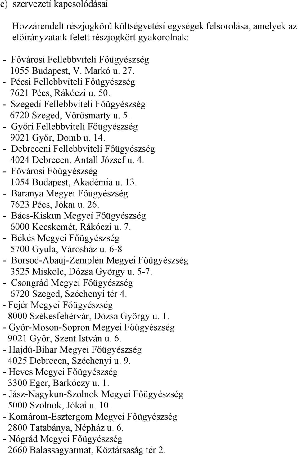 - Debreceni Fellebbviteli Főügyészség 4024 Debrecen, Antall József u. 4. - Fővárosi Főügyészség 1054 Budapest, Akadémia u. 13. - Baranya Megyei Főügyészség 7623 Pécs, Jókai u. 26.