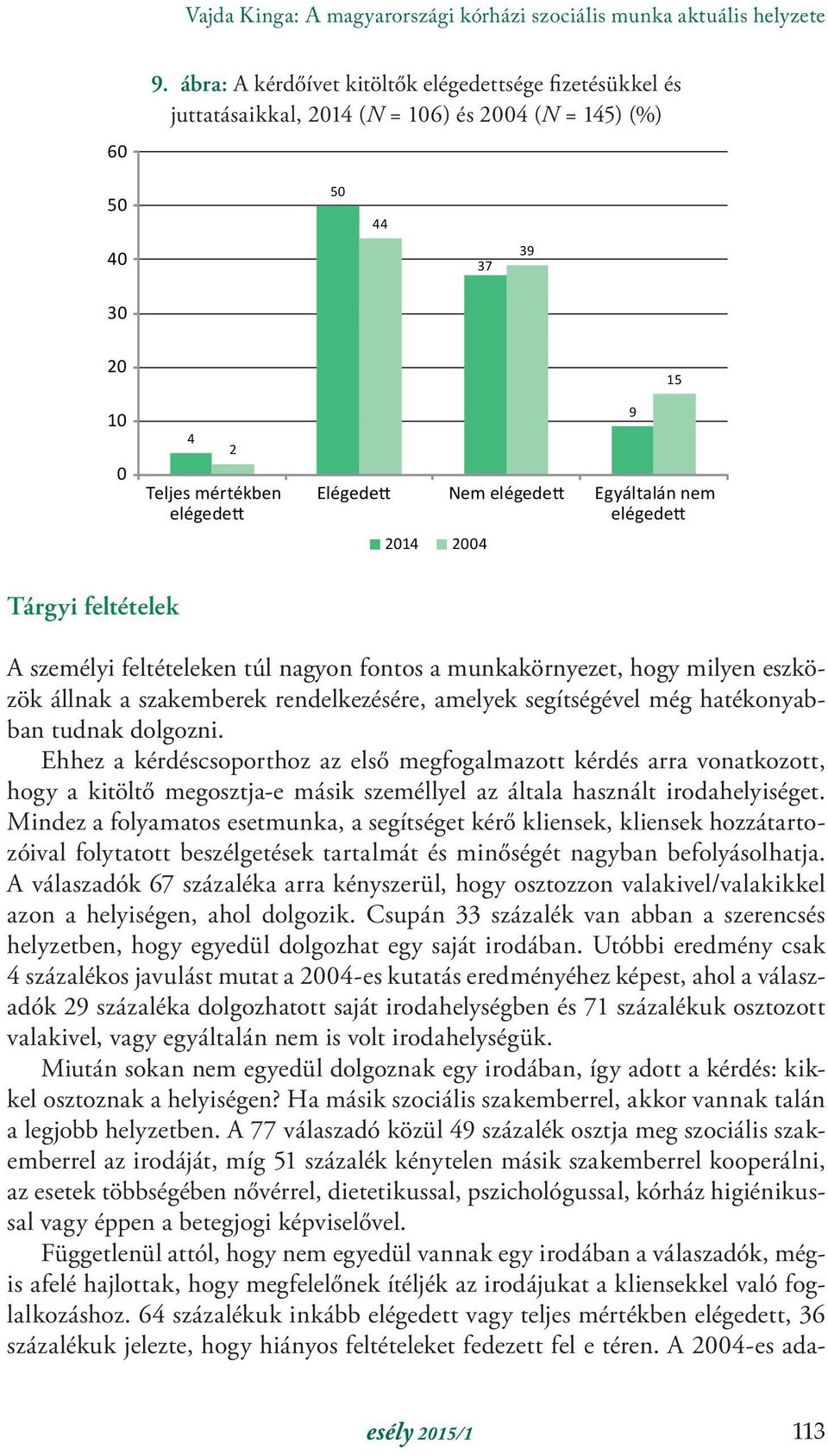 Egyáltalán nem elégedett 2014 2004 9 15 Tárgyi feltételek A személyi feltételeken túl nagyon fontos a munkakörnyezet, hogy milyen eszközök állnak a szakemberek rendelkezésére, amelyek segítségével