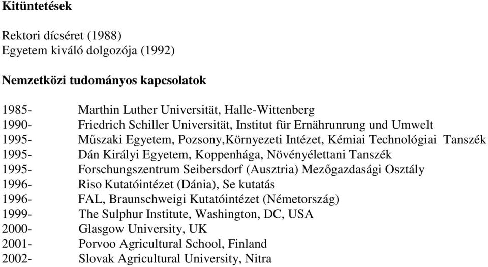Koppenhága, Növényélettani Tanszék 1995- Forschungszentrum Seibersdorf (Ausztria) Mezıgazdasági Osztály 1996- Riso Kutatóintézet (Dánia), Se kutatás 1996- FAL, Braunschweigi