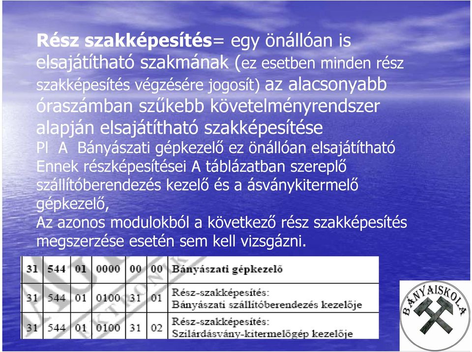 Bányászati gépkezelő ez önállóan elsajátítható Ennek részképesítései A táblázatban szereplő szállítóberendezés