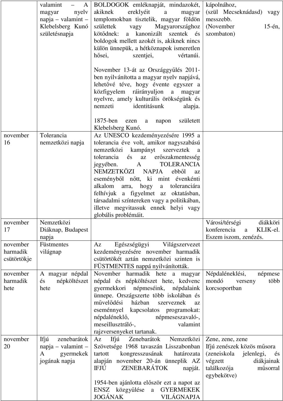(November 15-én, szombaton) November 13-át az Országgyűlés 2011- ben nyilvánította a magyar nyelv napjává, lehetővé téve, hogy évente egyszer a közfigyelem ráirányuljon a magyar nyelvre, amely