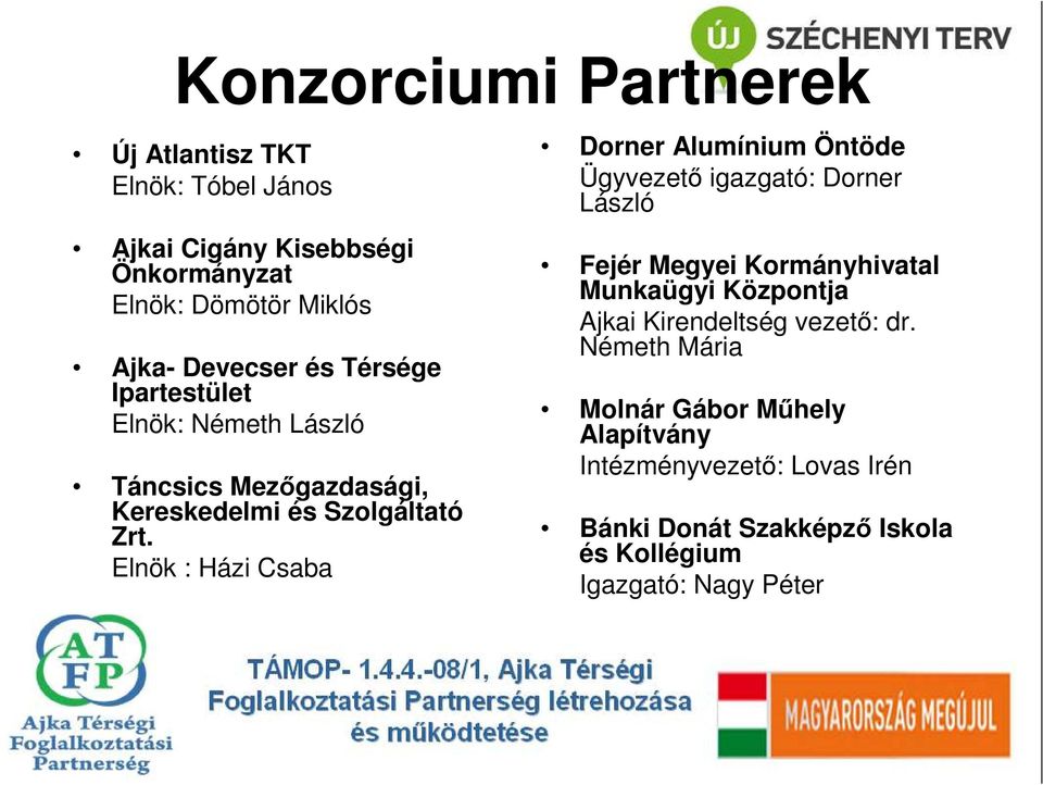 Elnök : Házi Csaba Dorner Alumínium Öntöde Ügyvezetı igazgató: Dorner László Fejér Megyei Kormányhivatal Munkaügyi Központja Ajkai