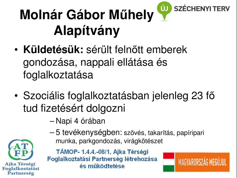 foglalkoztatásban jelenleg 23 fı tud fizetésért dolgozni Napi 4
