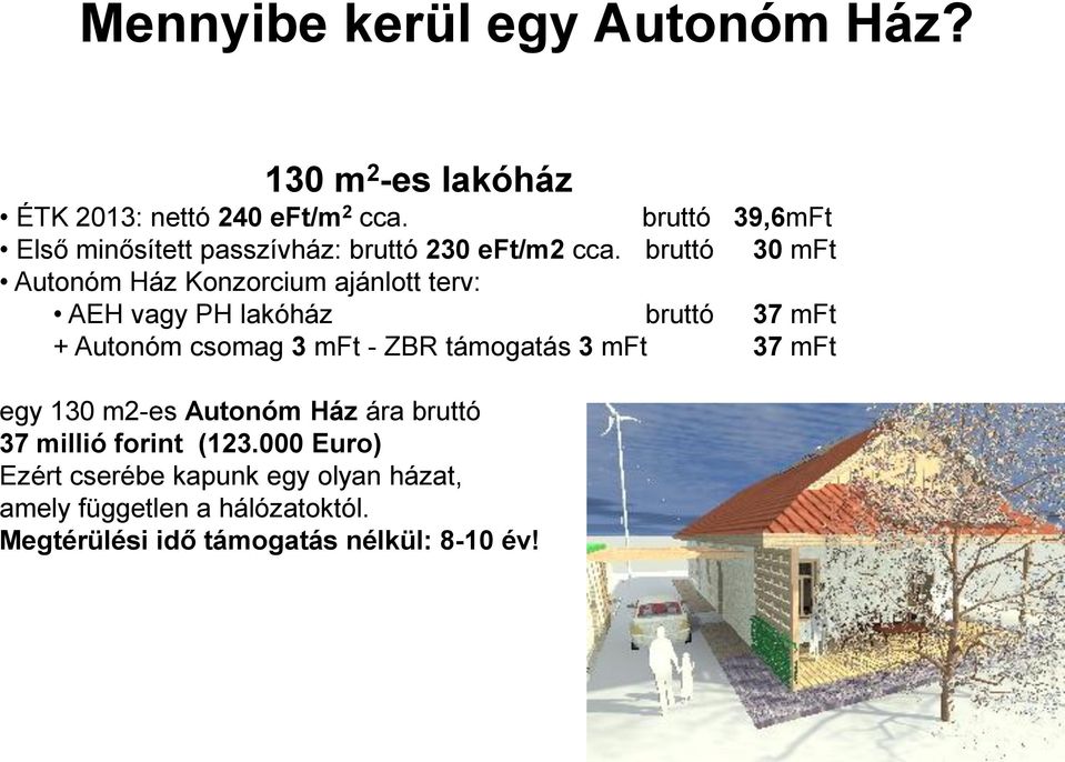 bruttó 30 mft Autonóm Ház Konzorcium ajánlott terv: AEH vagy PH lakóház bruttó 37 mft + Autonóm csomag 3 mft - ZBR