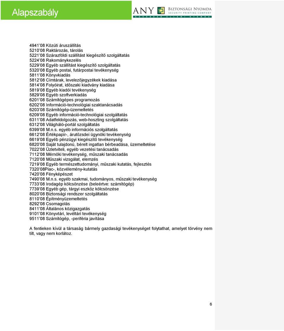 szoftverkiadás 6201 08 Számítógépes programozás 6202 08 Információ-technológiai szaktanácsadás 6203 08 Számítógép-üzemeltetés 6209 08 Egyéb információ-technológiai szolgáltatás 6311 08