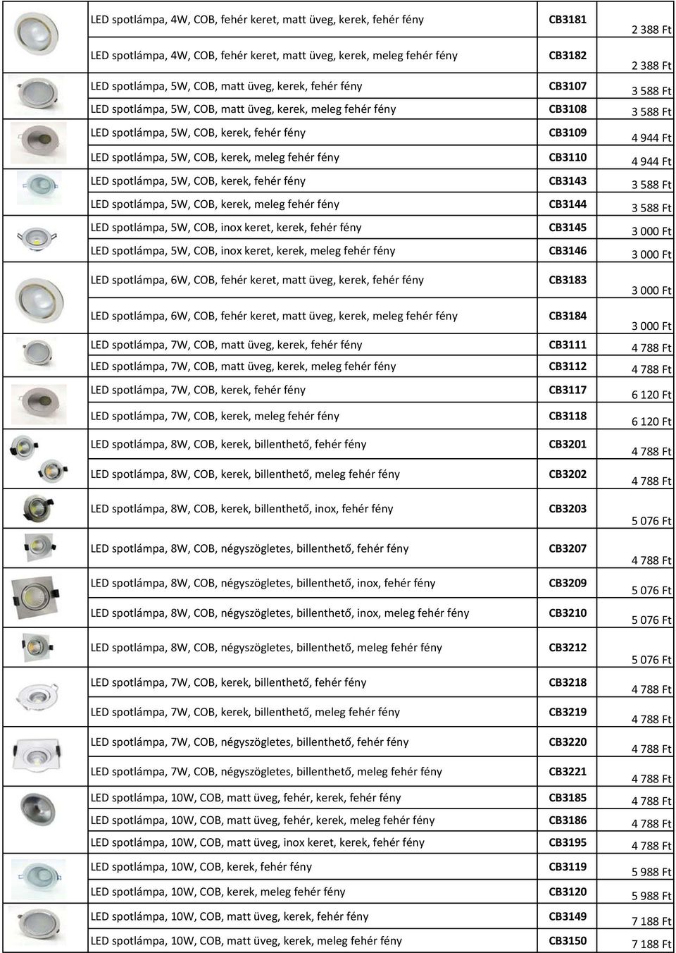 kerek, meleg fehér fény CB3110 4 944 Ft LED spotlámpa, 5W, COB, kerek, fehér fény CB3143 3 588 Ft LED spotlámpa, 5W, COB, kerek, meleg fehér fény CB3144 3 588 Ft LED spotlámpa, 5W, COB, inox keret,