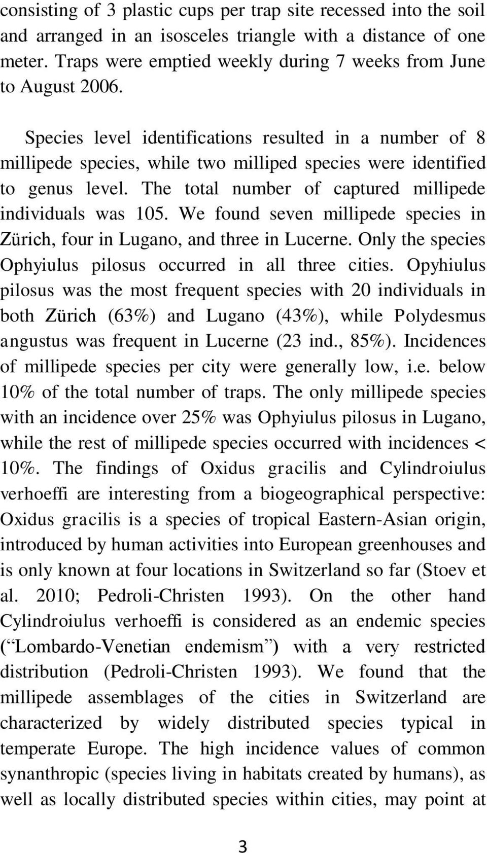 We found seven millipede species in Zürich, four in Lugano, and three in Lucerne. Only the species Ophyiulus pilosus occurred in all three cities.