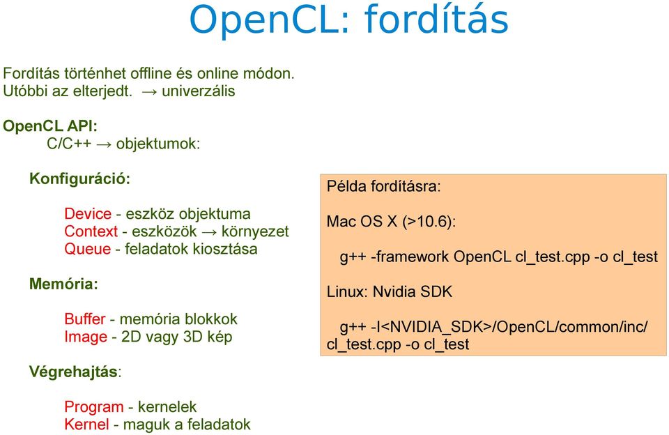 feladatok kiosztása Memória: Buffer - memória blokkok Image - 2D vagy 3D kép Végrehajtás: Program - kernelek Kernel - maguk