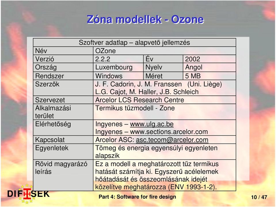 Schleich Szervezet Arcelor LCS Research Centre Alkalmazási Termikus tűzmodell - Zone terület Elérhetőség Ingyenes www.ulg.ac.be Ingyenes www.sections.arcelor.