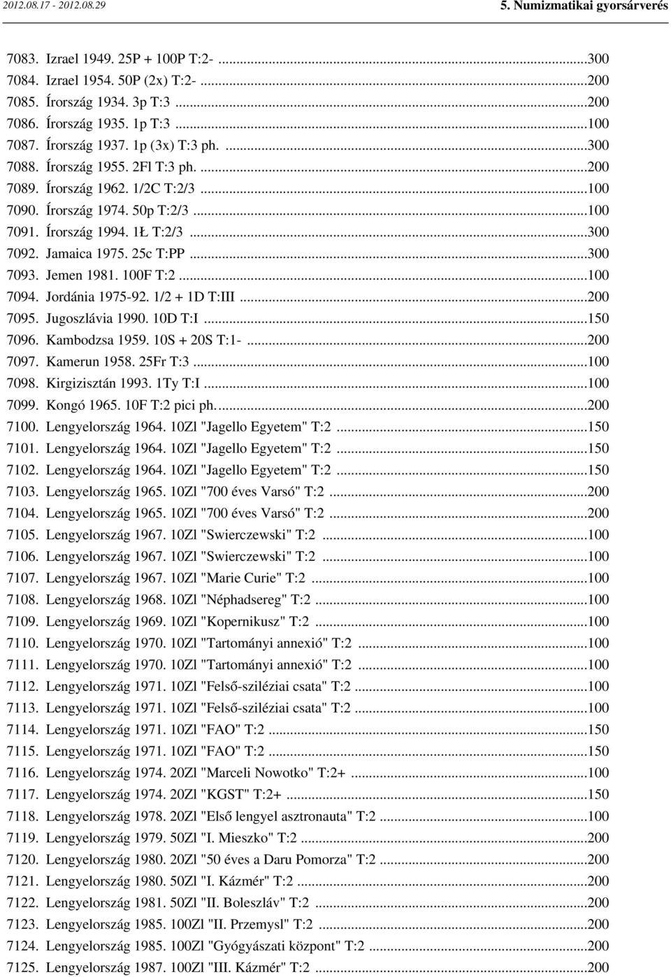 100F T:2...100 7094. Jordánia 1975-92. 1/2 + 1D T:III...200 7095. Jugoszlávia 1990. 10D T:I...150 7096. Kambodzsa 1959. 10S + 20S T:1-...200 7097. Kamerun 1958. 25Fr T:3...100 7098. Kirgizisztán 1993.