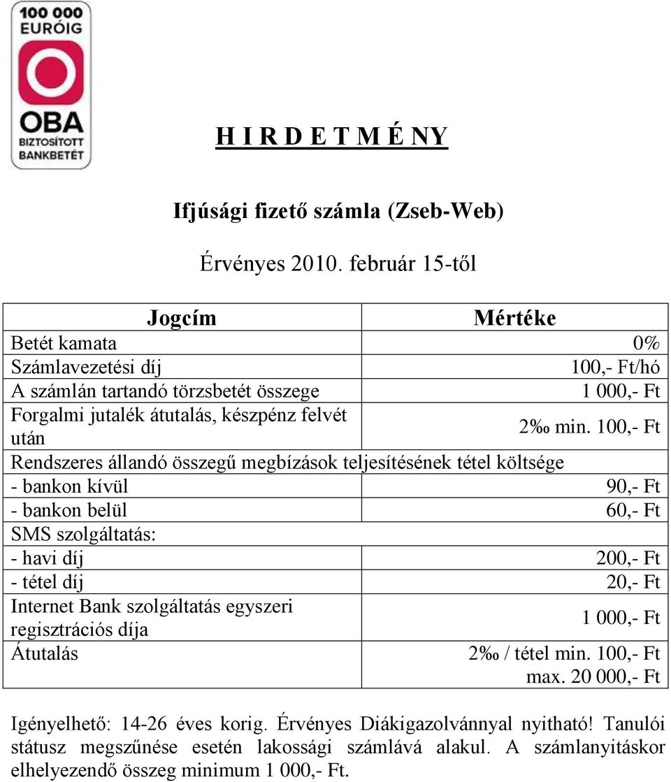 100,- Ft Rendszeres állandó összegű megbízások teljesítésének tétel költsége - bankon kívül 90,- Ft - bankon belül 60,- Ft SMS szolgáltatás: - havi díj 200,- Ft - tétel