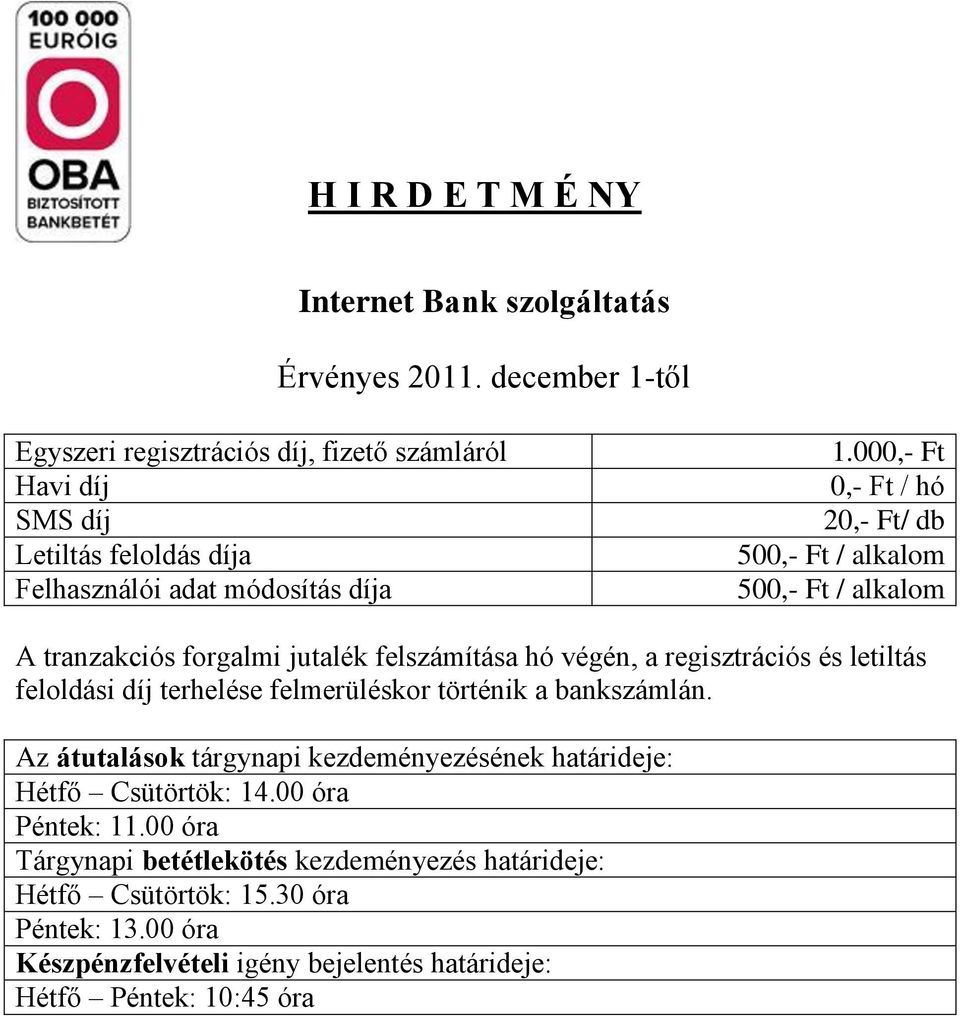 000,- Ft 0,- Ft / hó 20,- Ft/ db 500,- Ft / alkalom 500,- Ft / alkalom A tranzakciós forgalmi jutalék felszámítása hó végén, a regisztrációs és letiltás feloldási