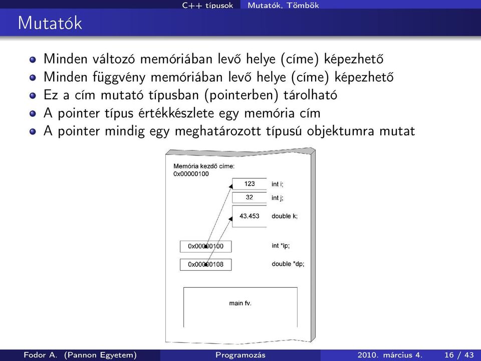 (pointerben) tárolható A pointer típus értékkészlete egy memória cím A pointer mindig egy
