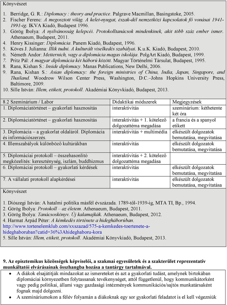Protokolltanácsok mindenkinek, akit több száz ember ismer. Athenaeum, Budapest, 2011. 4. Henry Kissinger: Diplomácia. Panem Kiadó, Budapest, 1996. 5. Köves J. Julianna: Illik tudni.