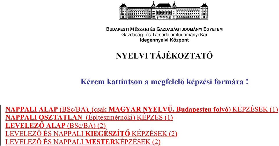 NAPPALI ALAP (BSc/BA), (csak MAGYAR NYELVŰ, Budapesten folyó) KÉPZÉSEK (1) NAPPALI OSZTATLAN