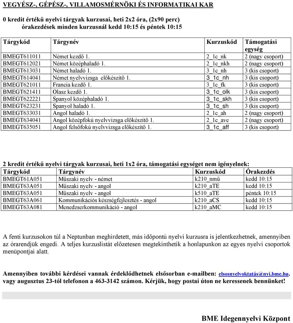 3_1c_nh 3 (kis csoport) BMEGT614041 Német nyelvvizsga előkészítő 1. 3_1c_nh 3 (kis csoport) BMEGT621011 Francia kezdő 1. 3_1c_fk 3 (kis csoport) BMEGT621411 Olasz kezdő 1.