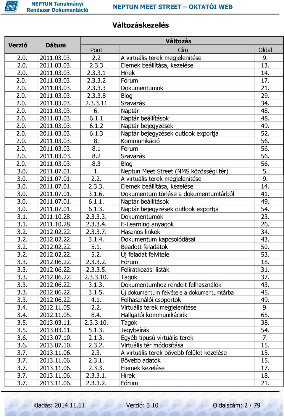 2.0. 2011.03.03. 6.1.2 Naptár bejegyzések 49. 2.0. 2011.03.03. 6.1.3 Naptár bejegyzések outlook exportja 52. 2.0. 2011.03.03. 8. Kommunikáció 56. 2.0. 2011.03.03. 8.1 Fórum 56. 2.0. 2011.03.03. 8.2 Szavazás 56.