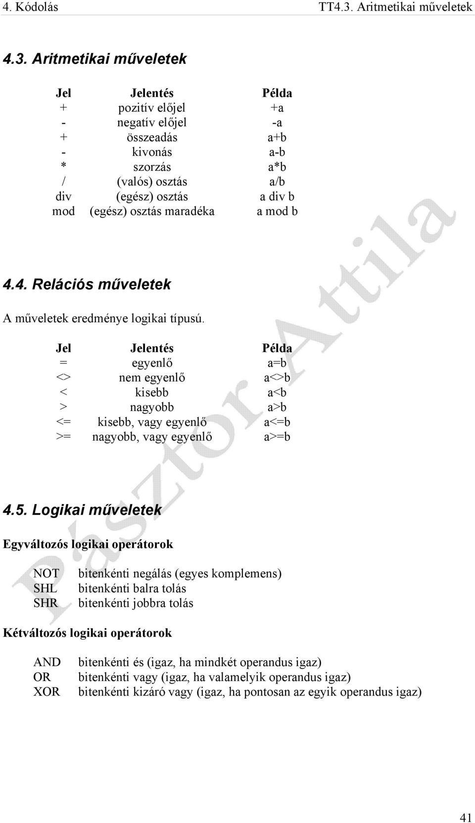 Aritmetikai műveletek Jel Jelentés Példa + pozitív előjel +a - negatív előjel -a + összeadás a+b - kivonás a-b * szorzás a*b / (valós) osztás a/b div (egész) osztás a div b mod (egész) osztás