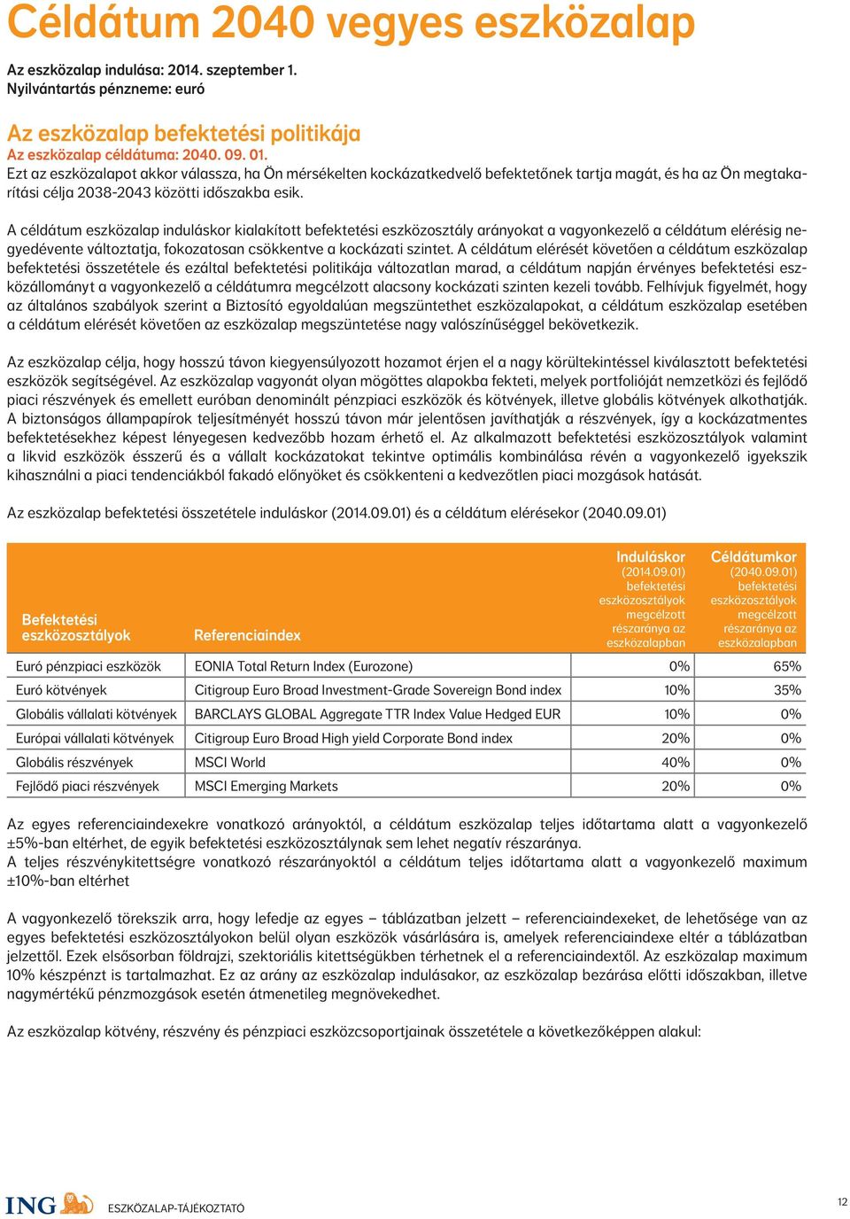 A céldátum eszközalap induláskor kialakított befektetési eszközosztály arányokat a vagyonkezelő a céldátum elérésig negyedévente változtatja, fokozatosan csökkentve a kockázati szintet.