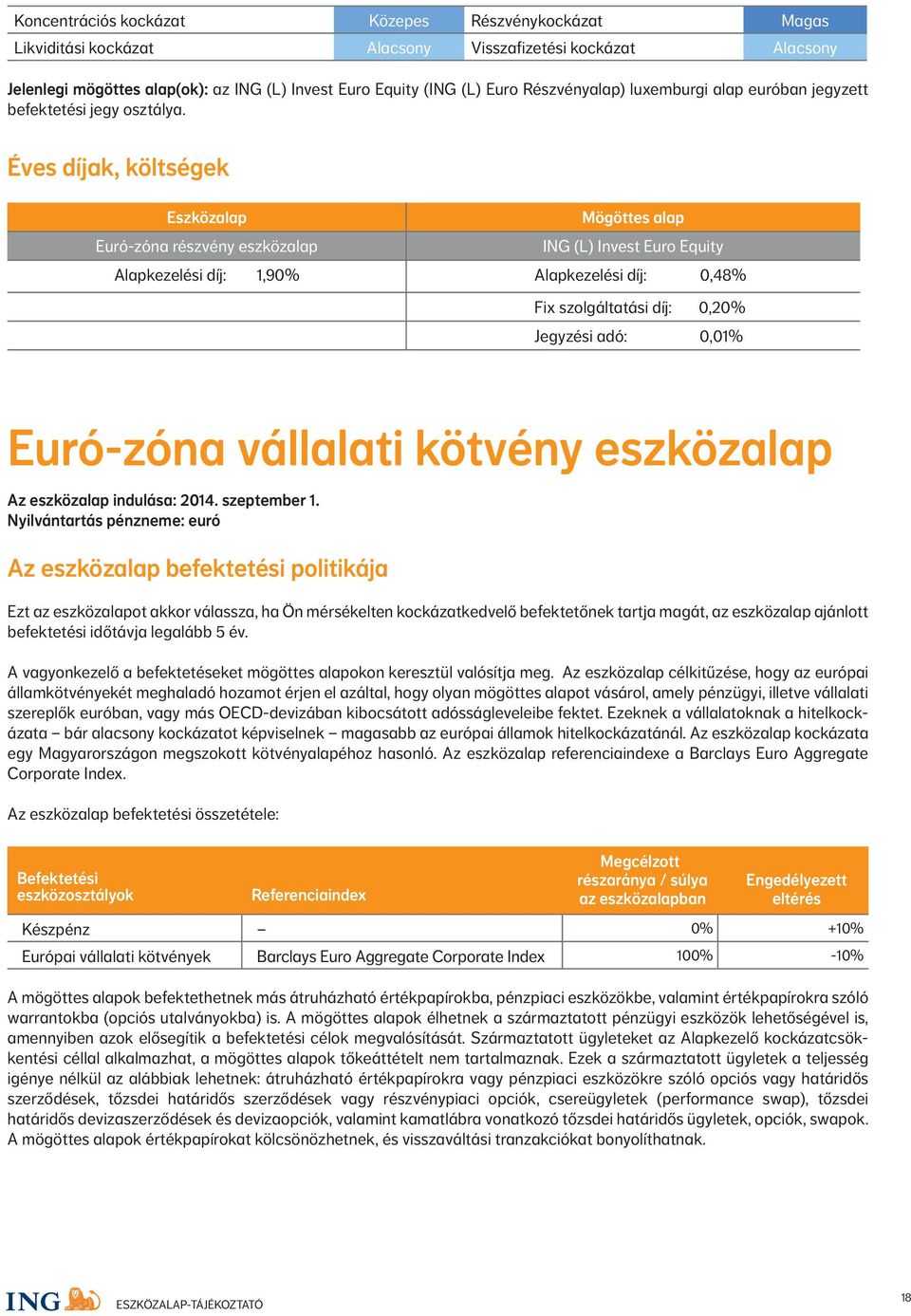 Éves díjak, költségek Eszközalap Mögöttes alap Euró-zóna részvény eszközalap ING (L) Invest Euro Equity Alapkezelési díj: 1,90% Alapkezelési díj: 0,48% Fix szolgáltatási díj: 0,20% Jegyzési adó: