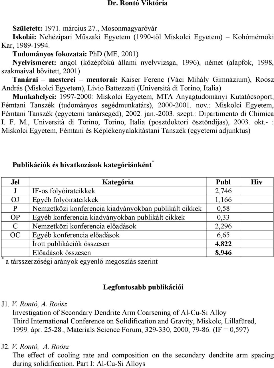 Gimnázium), Roósz András (Miskolci Egyetem), Livio Battezzati (Universitá di Torino, Italia) Munkahelyei: 1997-2000: Miskolci Egyetem, MTA Anyagtudományi Kutatócsoport, Fémtani Tanszék (tudományos