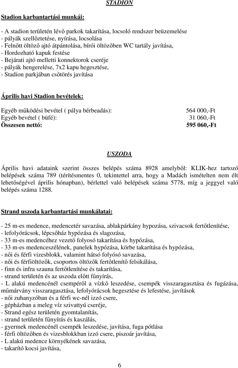 Stadion bevételek: Egyéb működési bevétel ( pálya bérbeadás): Egyéb bevétel ( büfé): Összesen nettó: 564 000,-Ft 31 060,-Ft 595 060,-Ft USZODA Április havi adataink szerint összes belépés száma 8928