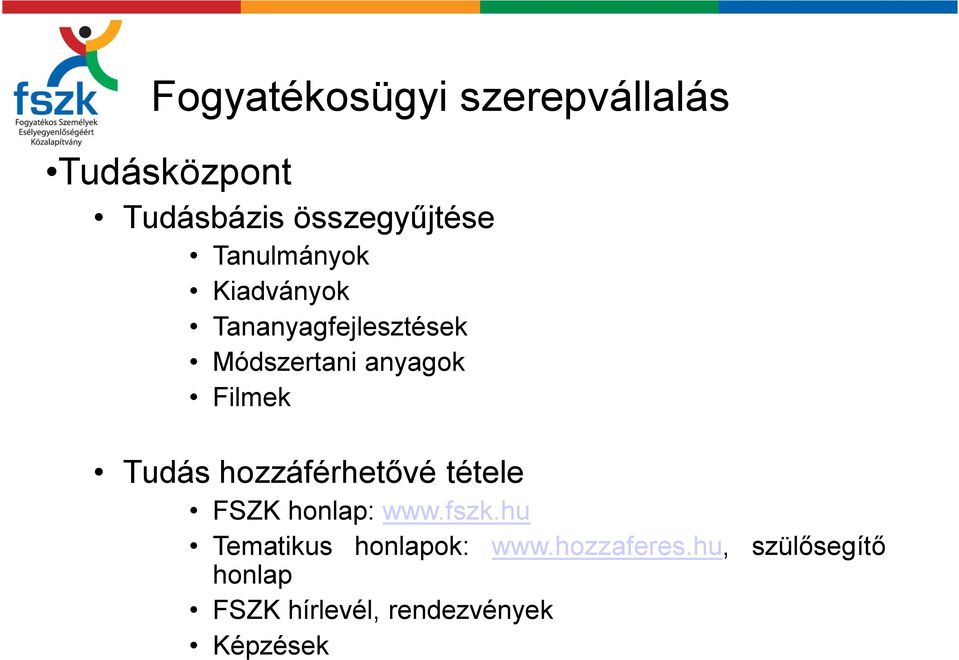 Tudás hozzáférhetővé tétele FSZK honlap: www.fszk.