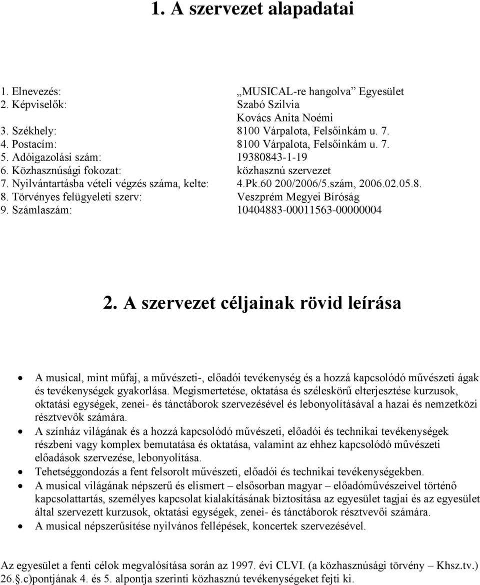 szám, 2006.02.05.8. 8. Törvényes felügyeleti szerv: Veszprém Megyei Bíróság 9. Számlaszám: 10404883-00011563-00000004 2.