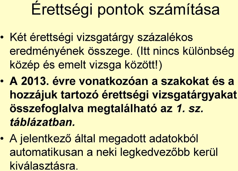 évre vonatkozóan a szakokat és a hozzájuk tartozó érettségi vizsgatárgyakat összefoglalva