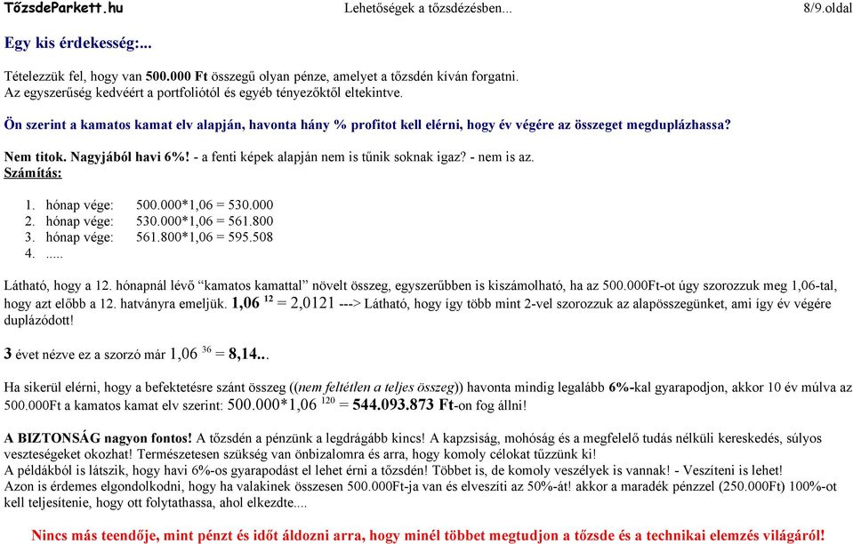 - nem is az. Számítás: 1. 2. 3. 4. hónap vége: hónap vége: hónap vége:... 500.000*1,06 = 530.000 530.000*1,06 = 561.800 561.800*1,06 = 595.508 Látható, hogy a 12.