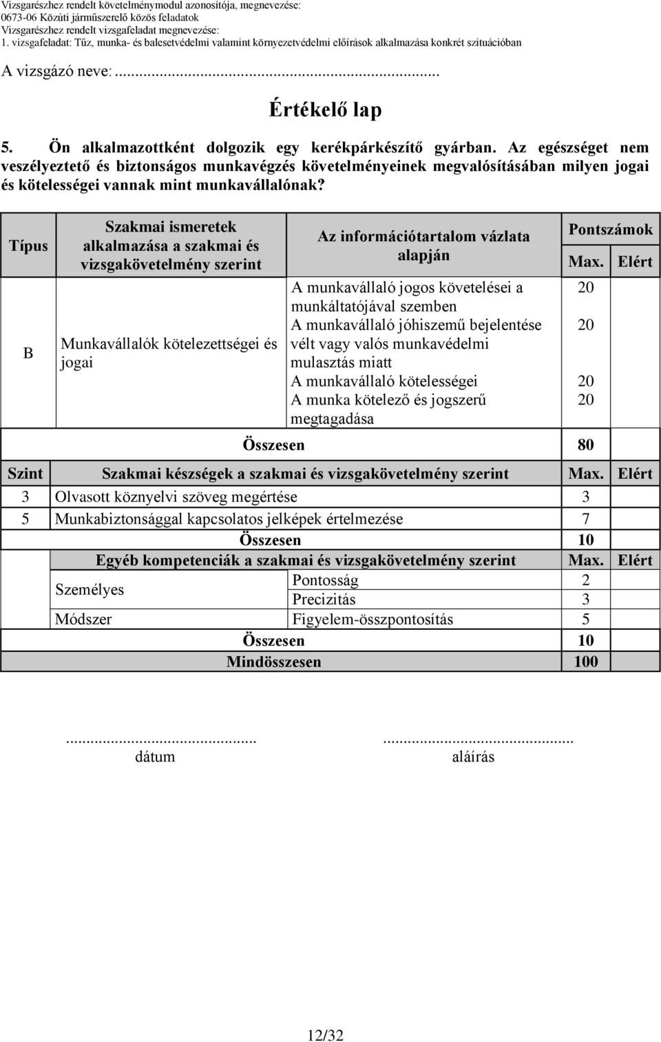 Típus B Szakmai ismeretek alkalmazása a szakmai és vizsgakövetelmény szerint Munkavállalók kötelezettségei és jogai alapján A munkavállaló jogos követelései a munkáltatójával szemben A munkavállaló