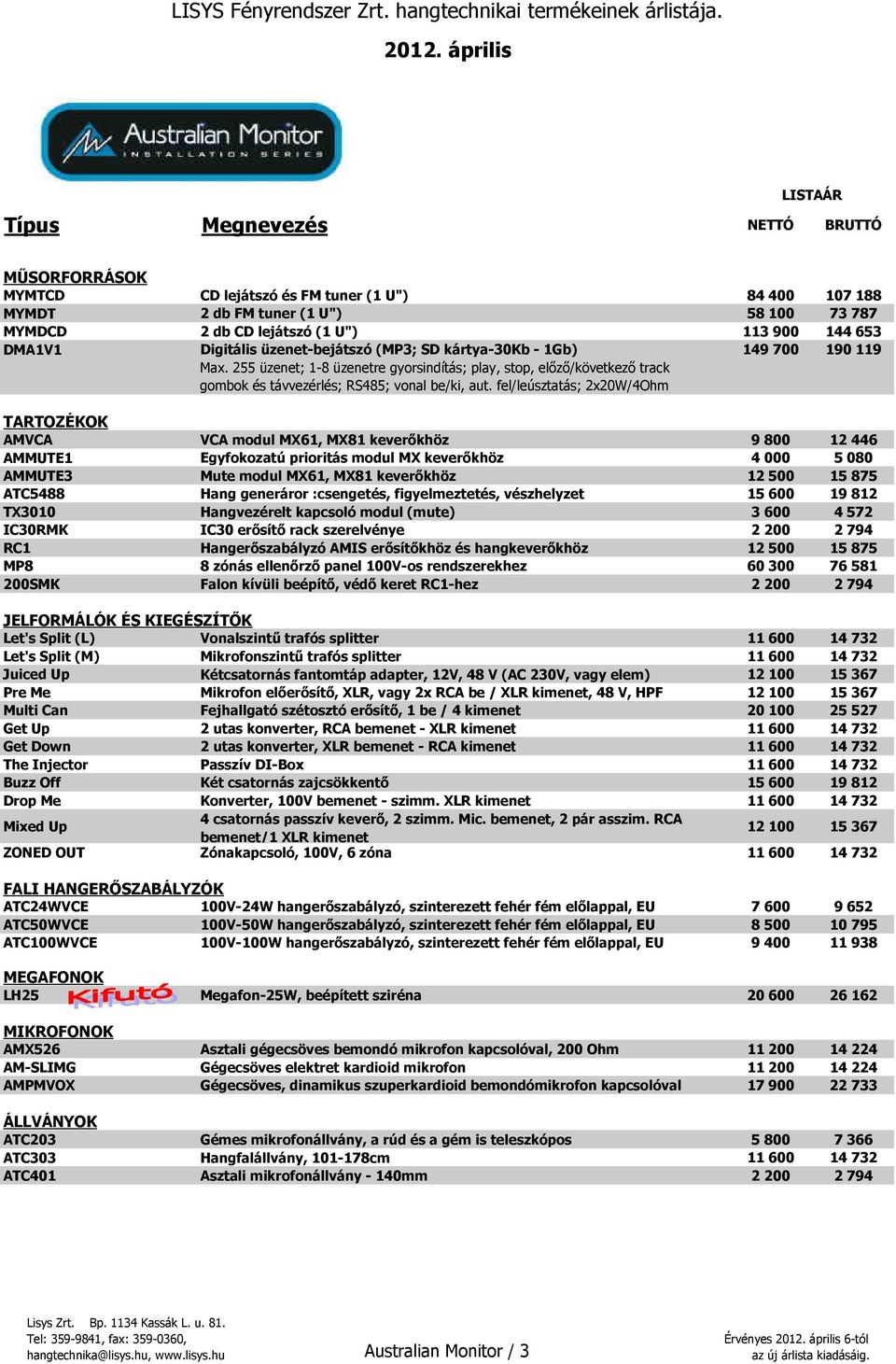 fel/leúsztatás; 2x20W/4Ohm TARTOZÉKOK AMVCA VCA modul MX61, MX81 keverőkhöz 9 800 12 446 AMMUTE1 Egyfokozatú prioritás modul MX keverőkhöz 4 000 5 080 AMMUTE3 Mute modul MX61, MX81 keverőkhöz 12 500