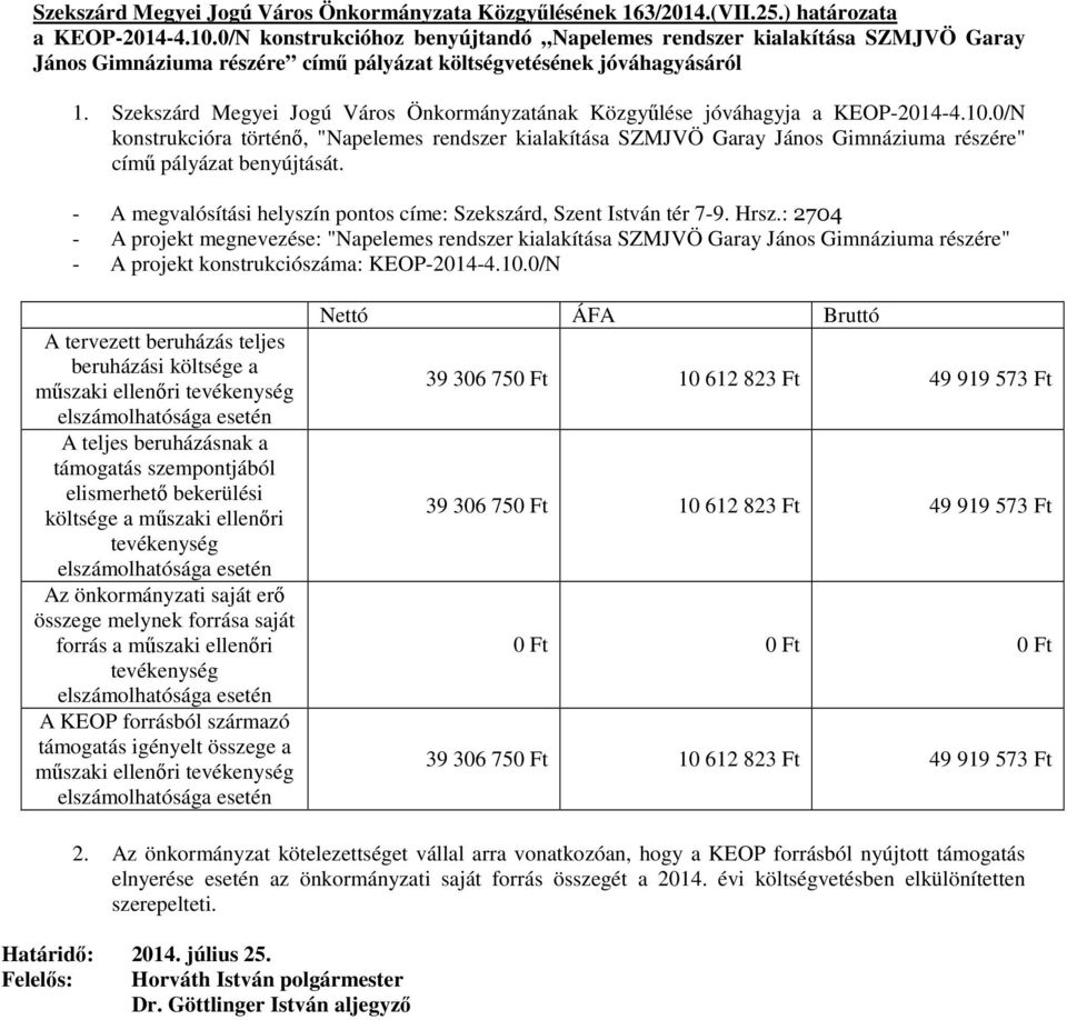 Szekszárd Megyei Jogú Város Önkormányzatának Közgyőlése jóváhagyja a KEOP-2014-4.10.