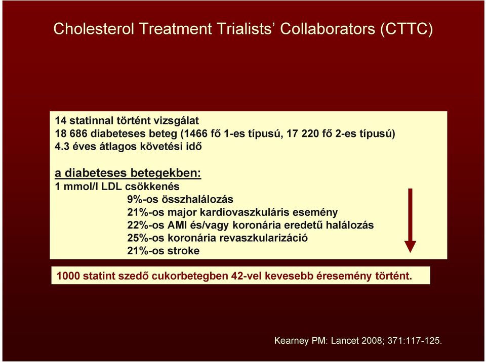 3 éves átlagos követési idő a diabeteses betegekben: 1 mmol/l LDL csökkenés 9%-os összhalálozás 21%-os major